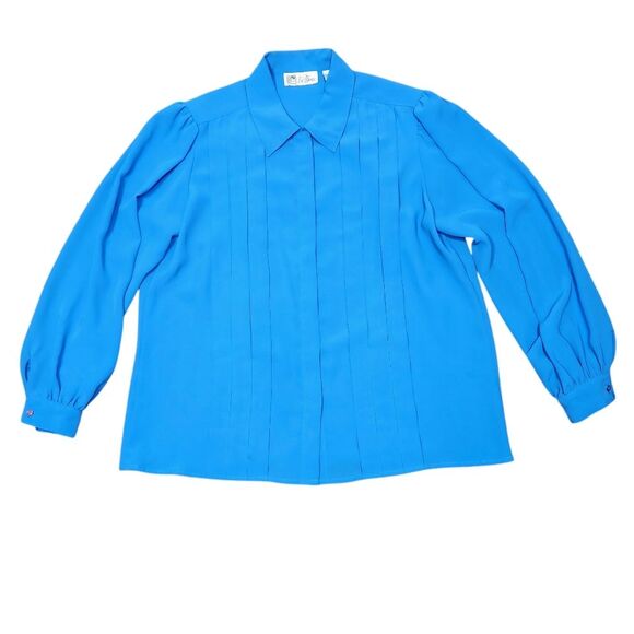Vintage 80s Blouse Blue Satin Pleated‎ Puffed Shoulder Button Up Long Sleeve 18 - Picture 1 of 10